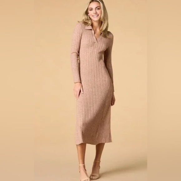 Lucky Brand Dresses & Skirts - Lucky Brand aline collared stretchy ribbed sweater dress size Small beige